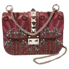 Valentino Burgundy Beads Embellished Leather Small Love Glam Lock Shoulder Bag