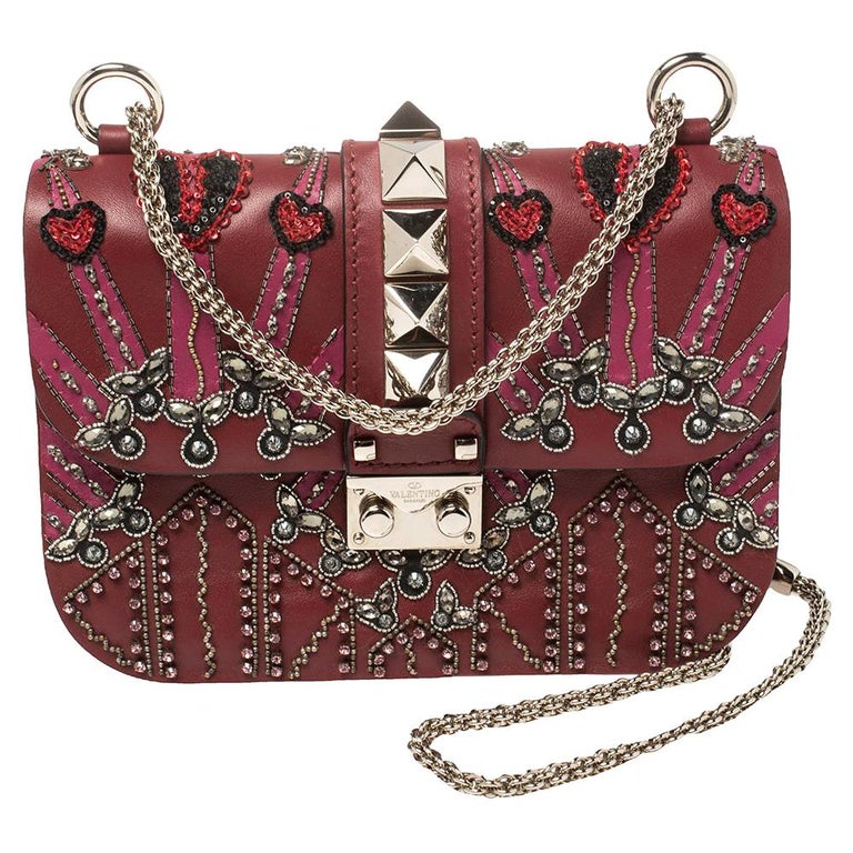 Valentino Burgundy Beads Embellished Leather Small Love Glam Lock Shoulder  Bag For Sale at 1stDibs