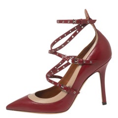 Valentino Burgundy/Beige Leather Love Latch Eyelet Embellished Pumps Size 38