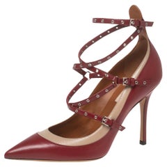 Valentino Burgundy/Beige Leather Love Latch Eyelet Embellished Pumps Size 38