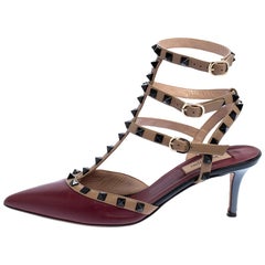 Valentino Burgundy/Beige Leather Rockstud Pointed Toe Sandals Size 39
