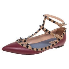 Valentino Burgundy/Brown Leather Rockstud Ankle-Strap Ballet Flats Size 41.5