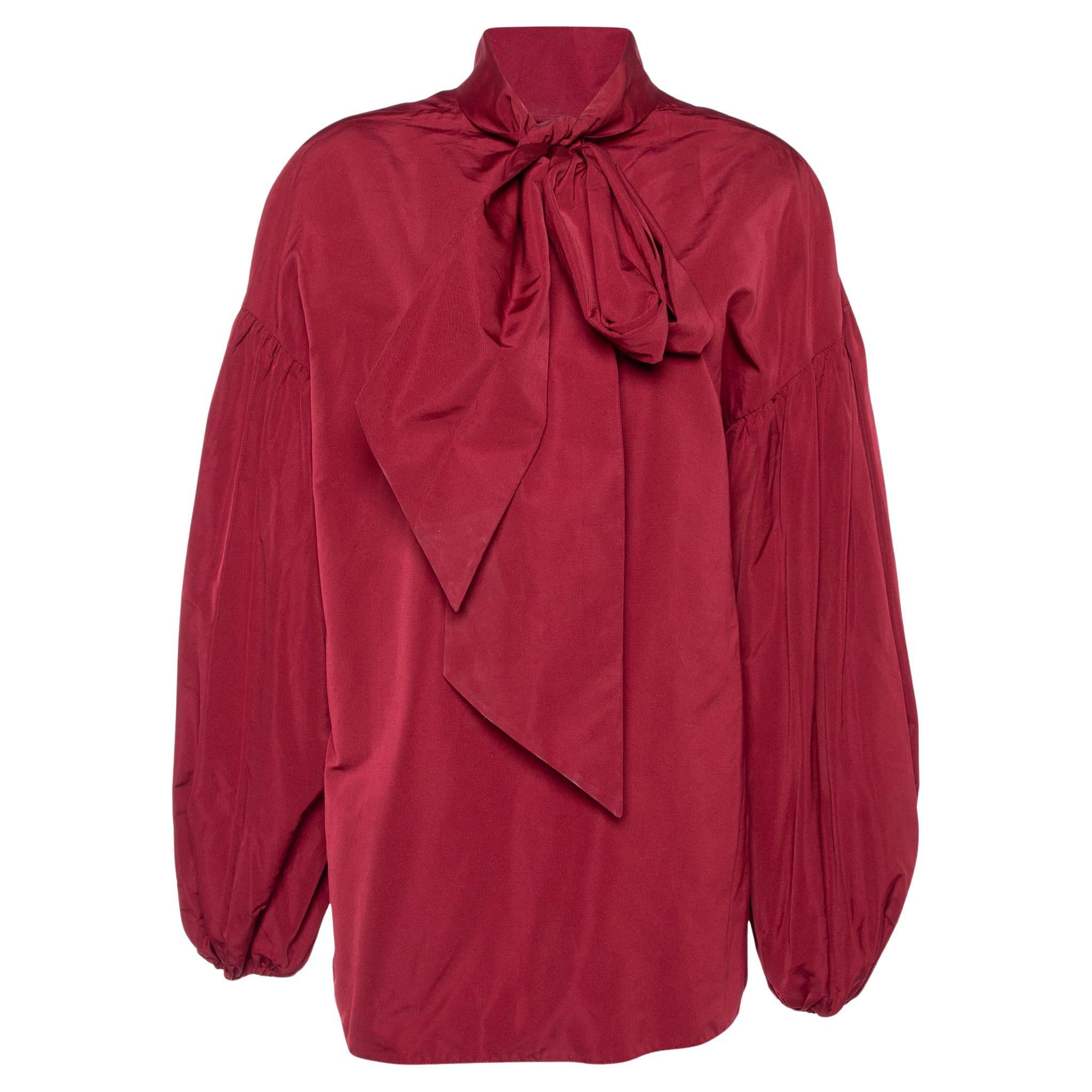 Valentino Burgundy Cotton Taffeta Neck Tie Detail Top L For Sale