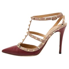 Valentino Burgundy/Dusty Pink Leather Rockstud Ankle Strap Pumps Size 40