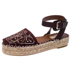 Valentino Burgundy Embellished Suede and Leather Ankle Strap Espadrilles Size 39