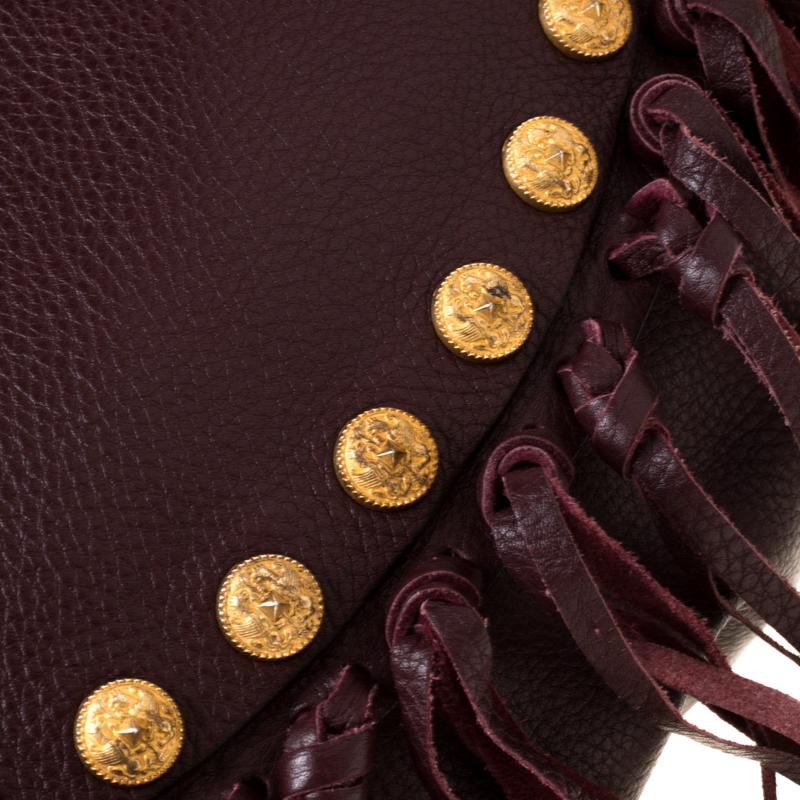 Valentino Burgundy Leather C Rockee Studded Fringe Hobo 4
