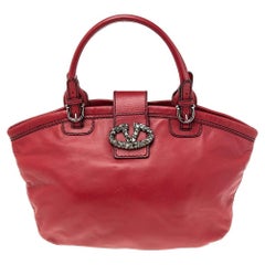 Valentino Burgundy Leather Crystal Jeweled V-logo Satchel