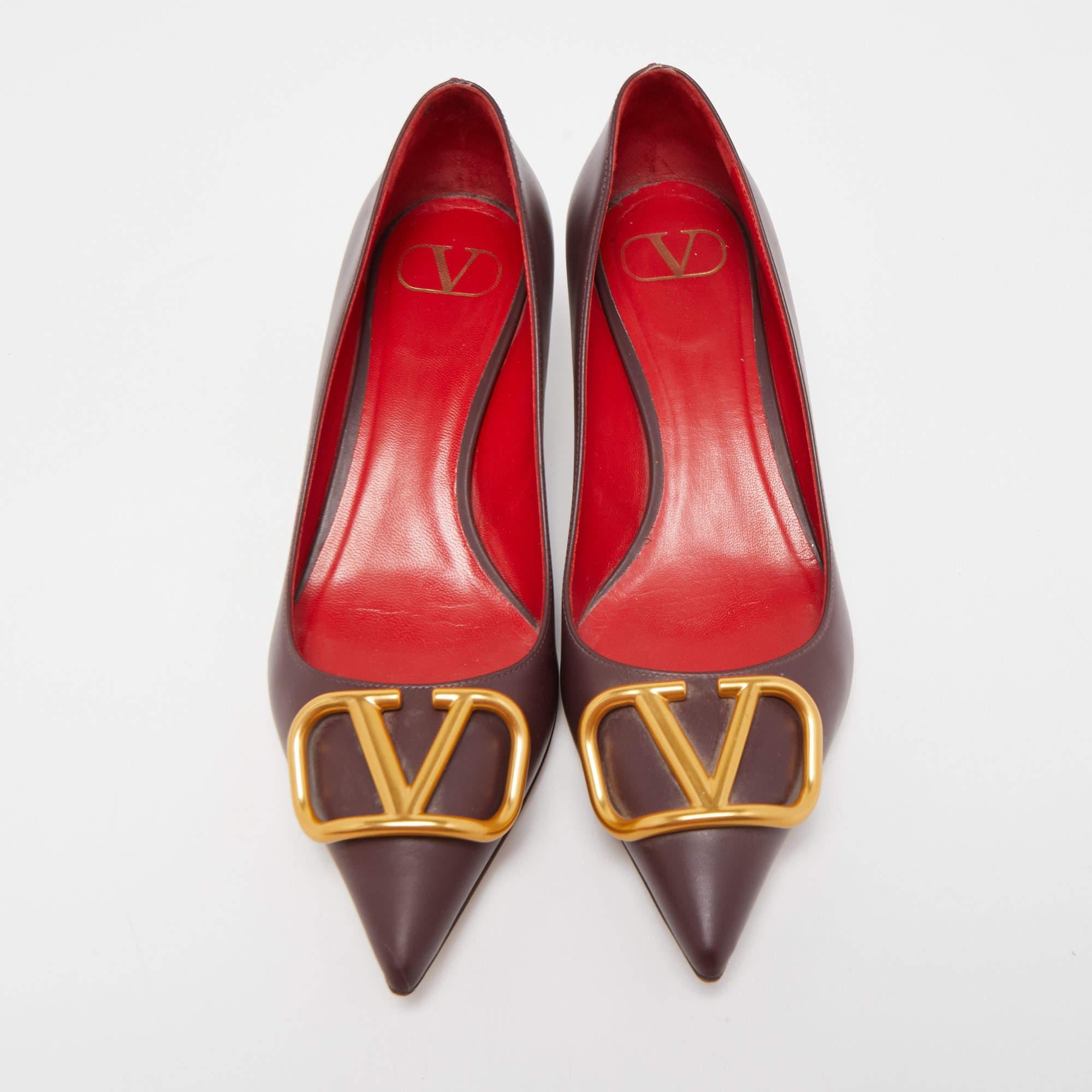Valentino Burgundy Leather Escape V Logo Pointed Toe Pumps Size 38 1