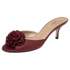 Valentino Burgundy Leather Flower Applique Slide Sandals Size 38