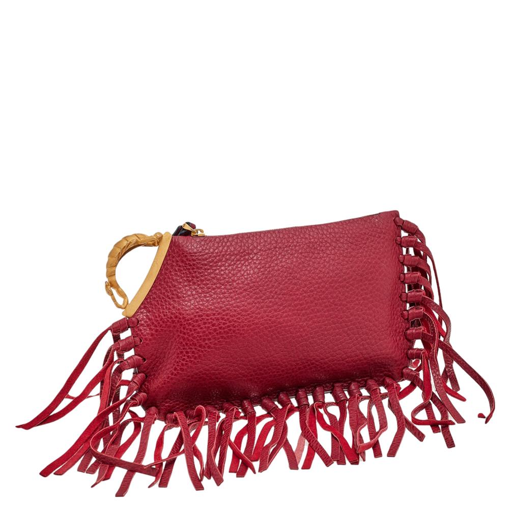 Red Valentino Burgundy Leather Gryphon Fringe Clutch