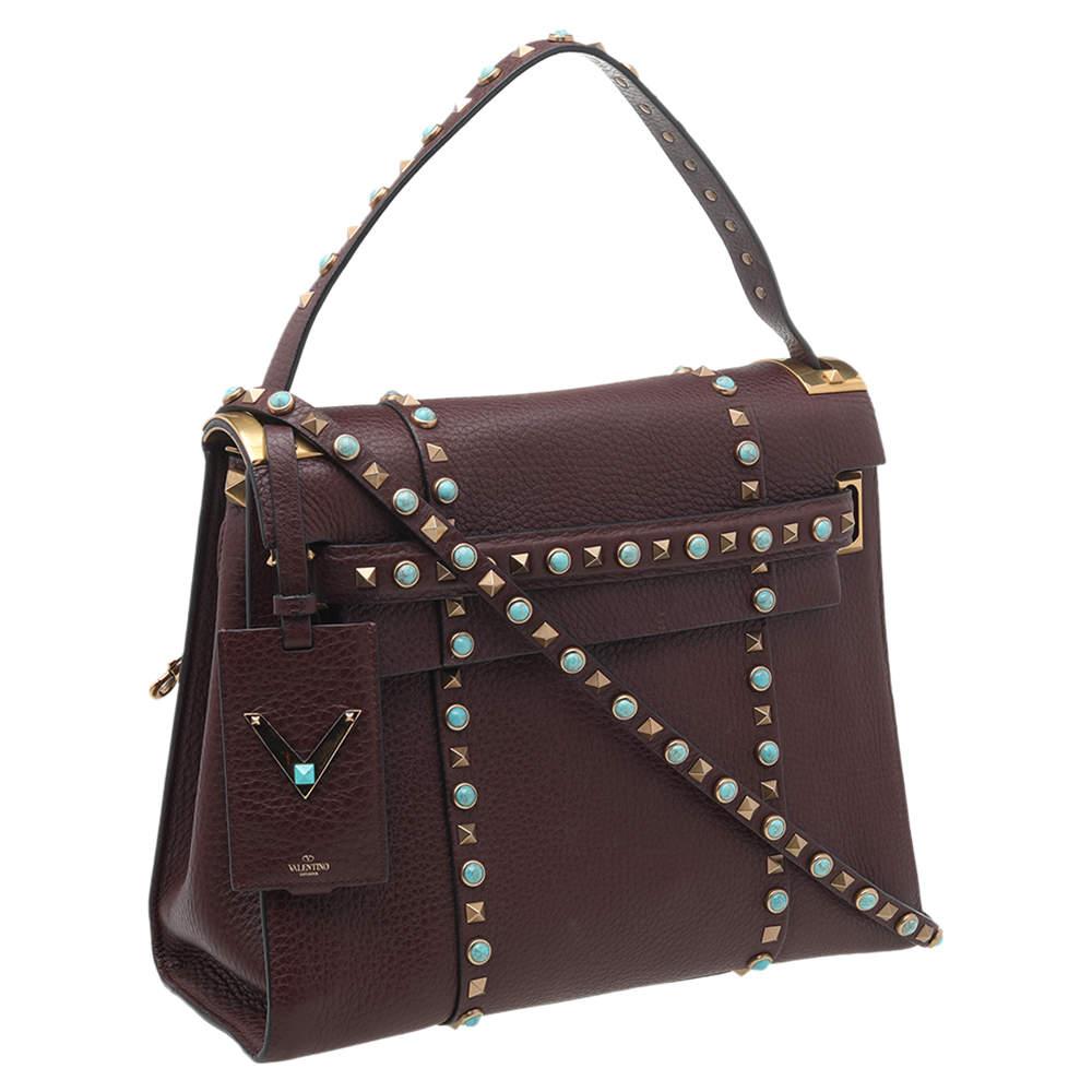 Valentino Burgundy Leather Medium My Rockstud Rolling Top Handle Bag In Good Condition In Dubai, Al Qouz 2