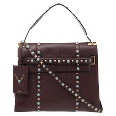 Valentino Burgundy Leather Medium My Rockstud Rolling Top Handle Bag
