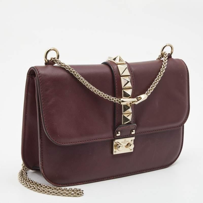 Valentino Burgundy Leather Medium Rockstud Glam Lock Flap Bag For Sale 6