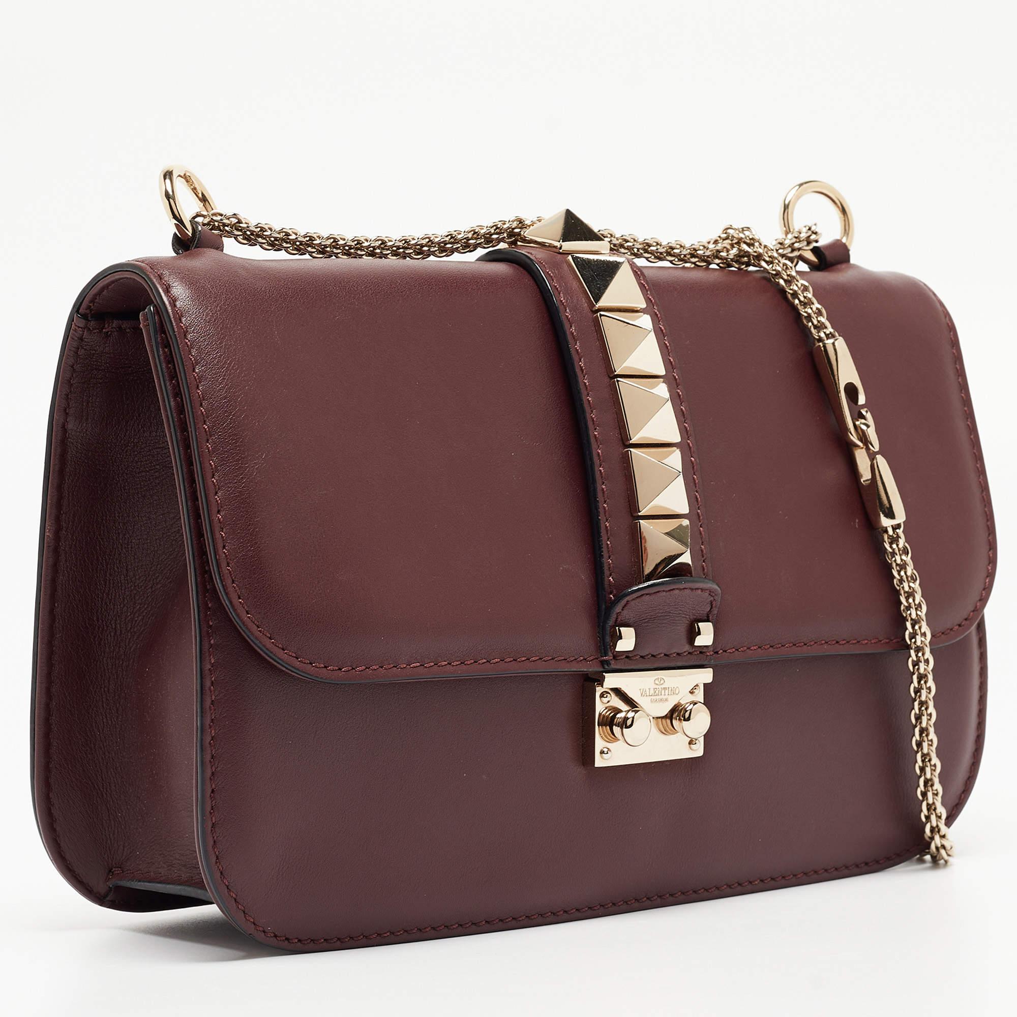 Women's Valentino Burgundy Leather Medium Rockstud Glam Lock Flap Bag