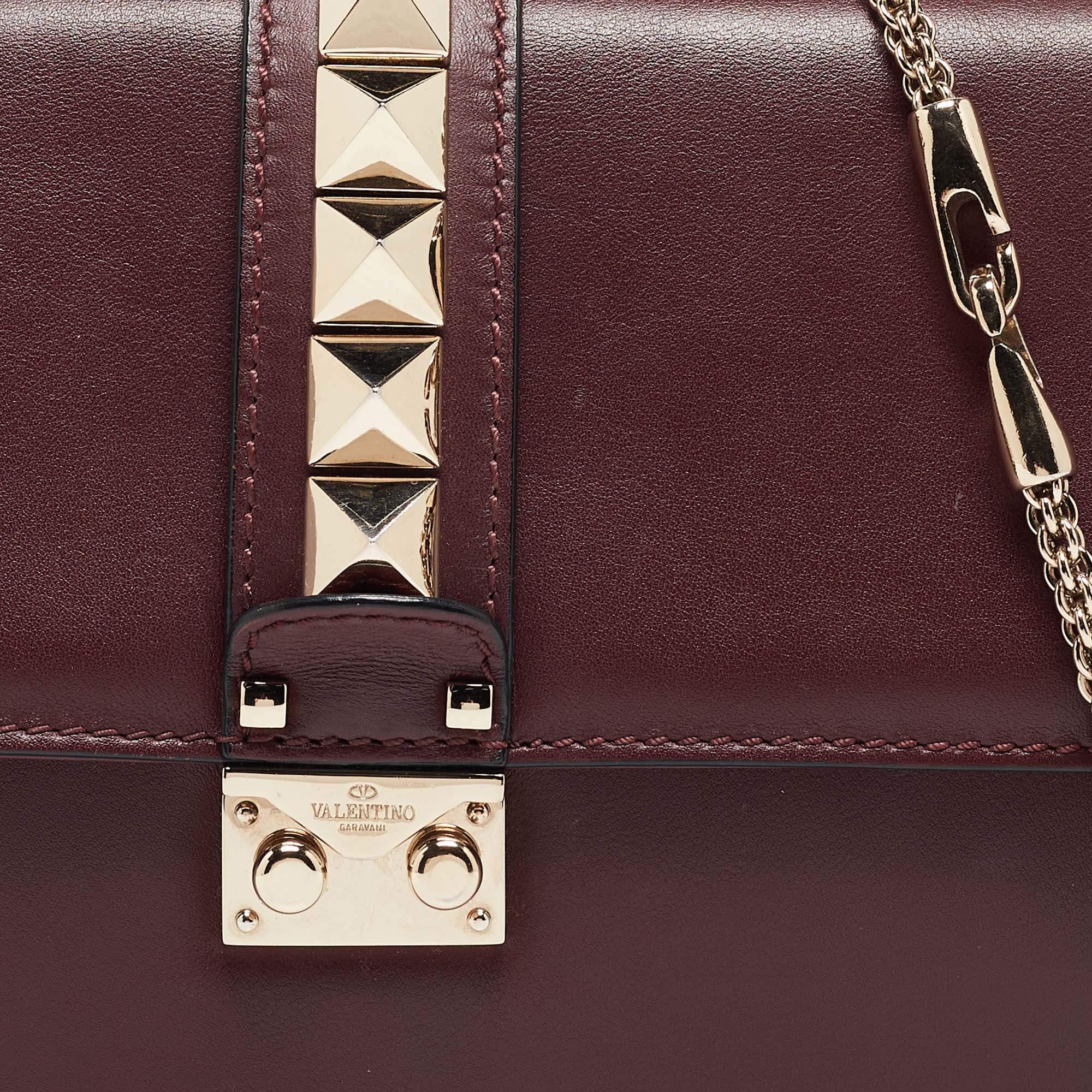 Valentino Burgundy Leather Medium Rockstud Glam Lock Flap Bag 5