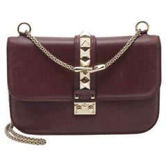 Used Valentino Burgundy Leather Medium Rockstud Glam Lock Flap Bag