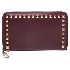 Valentino Burgundy Leather Medium Rockstud Zip Around Wallet