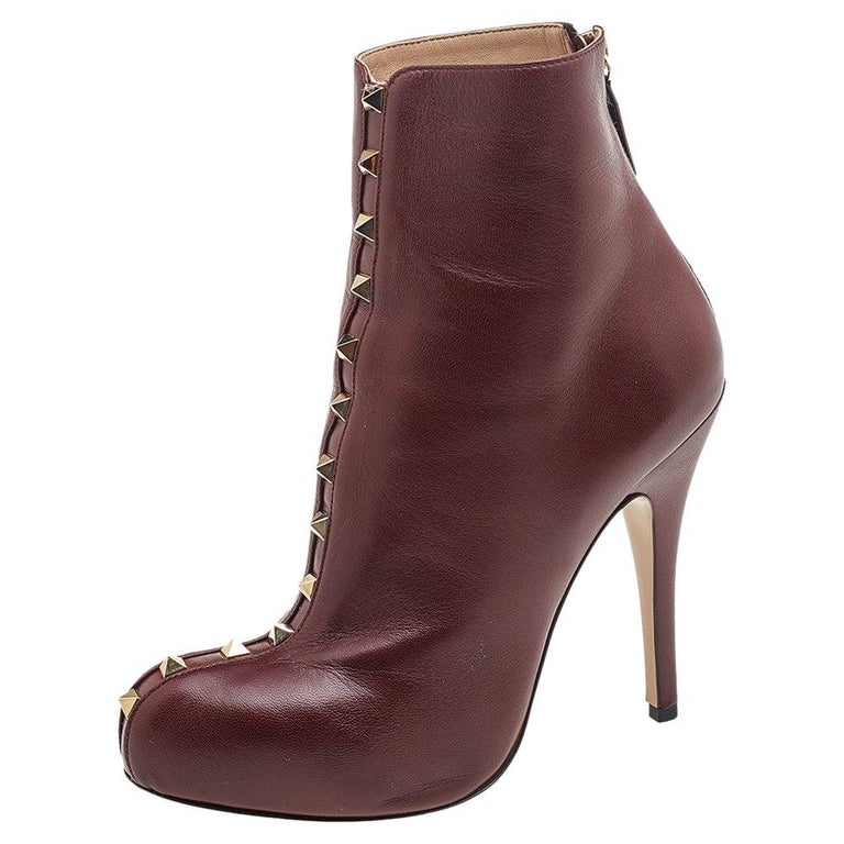 Valentino Burgundy Leather Rockstud Ankle Boots Size 37 For Sale at 1stDibs