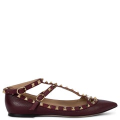 VALENTINO burgundy leather ROCKSTUD ANKLE STRAP Ballet Shoes 38.5