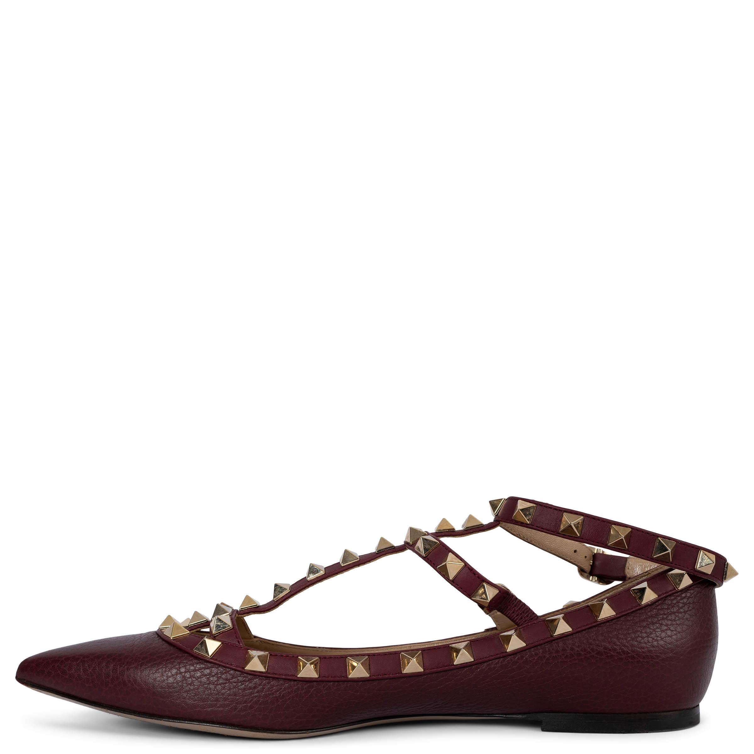 Women's VALENTINO burgundy leather ROCKSTUD ANKLE STRAP Ballet Shoes 38.5