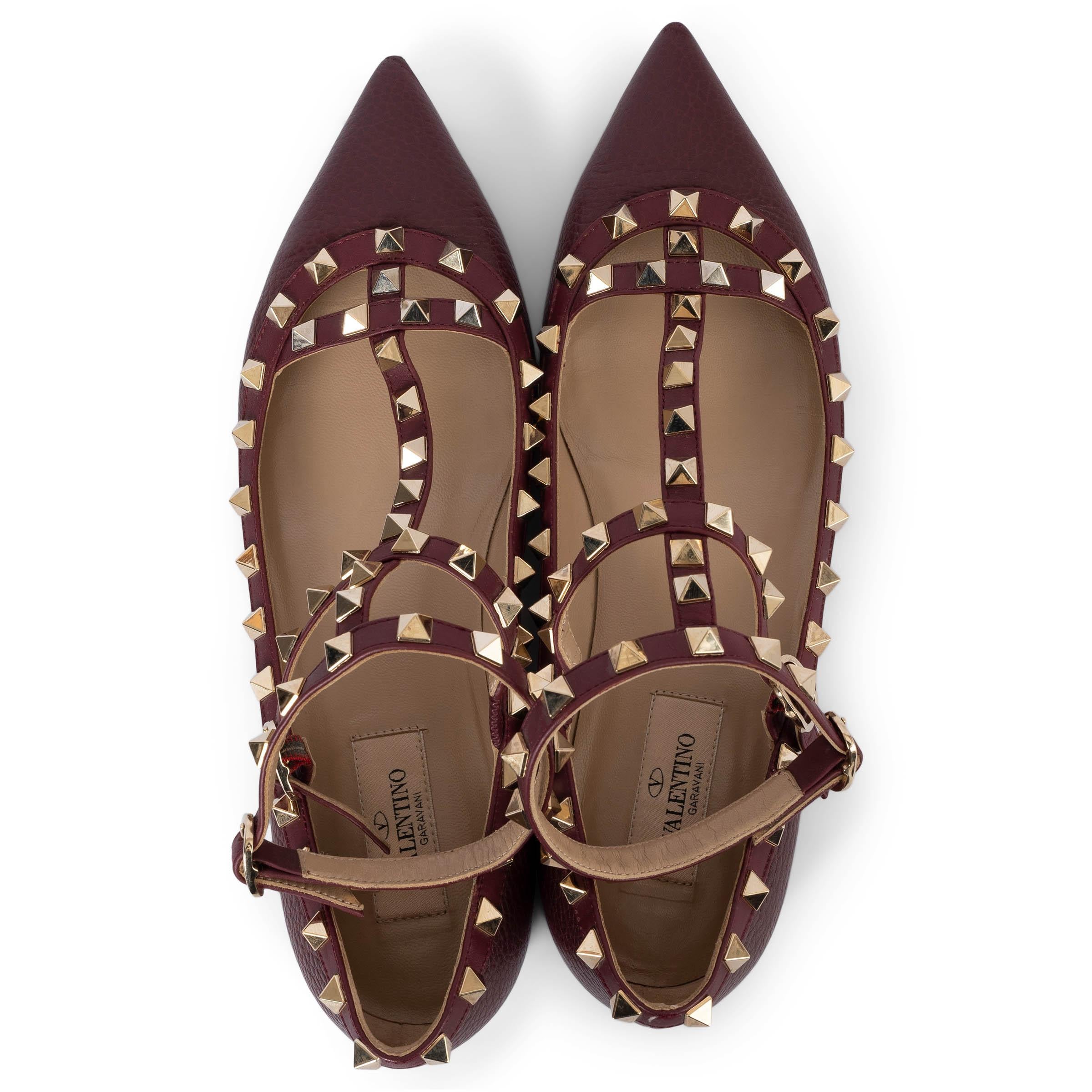 VALENTINO burgundy leather ROCKSTUD ANKLE STRAP Ballet Shoes 38.5 2