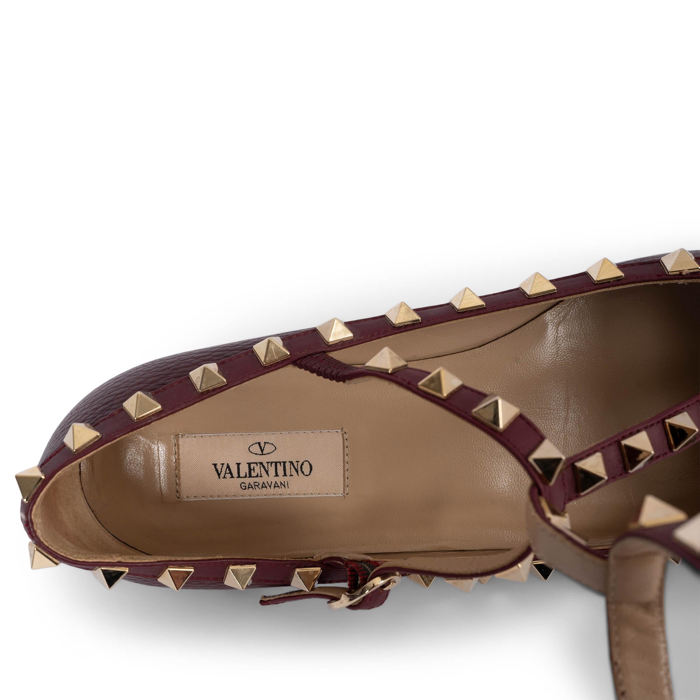 VALENTINO burgundy leather ROCKSTUD ANKLE STRAP Ballet Shoes 38.5 3