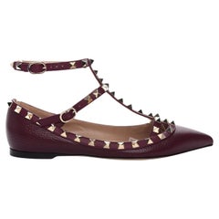 VALENTINO burgundy leather ROCKSTUD ANKLE STRAP Ballet Shoes 38.5