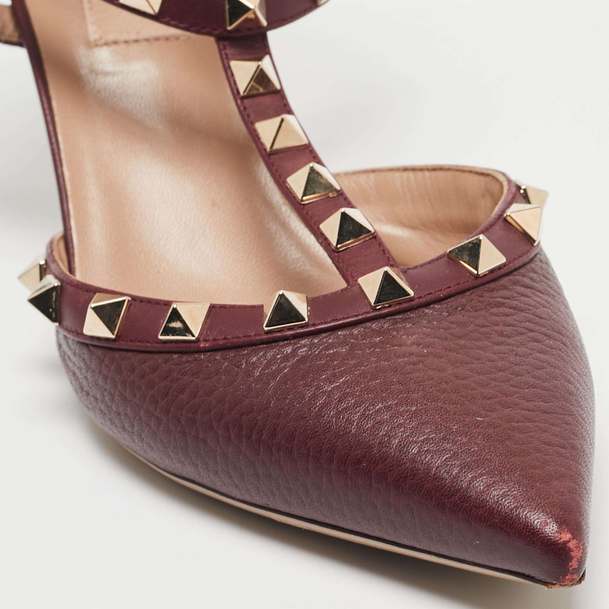 Valentino Burgundy Leather Rockstud Ankle Strap Pumps Size 37.5 For Sale 1