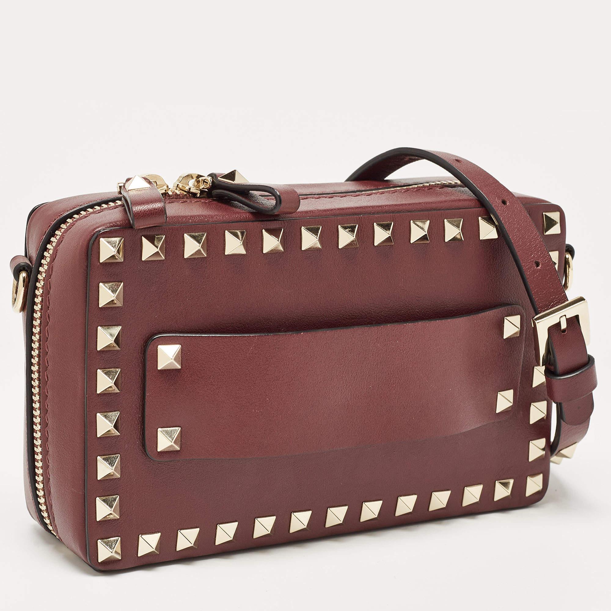 Brown Valentino Burgundy Leather Rockstud Camera Crossbody Bag For Sale