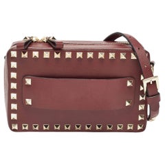 Valentino Burgundy Leather Rockstud Camera Crossbody Bag