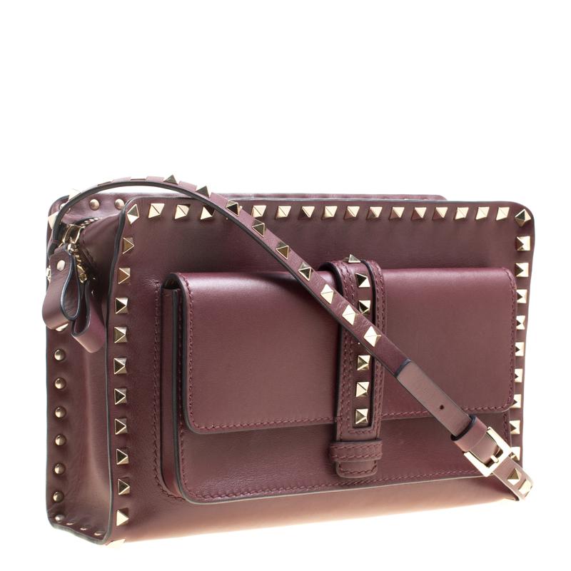 Black Valentino Burgundy Leather Rockstud Crossbody Bag