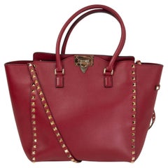VALENTINO burgundy leather ROCKSTUD DOUBLE HANDLE TOTE Bag