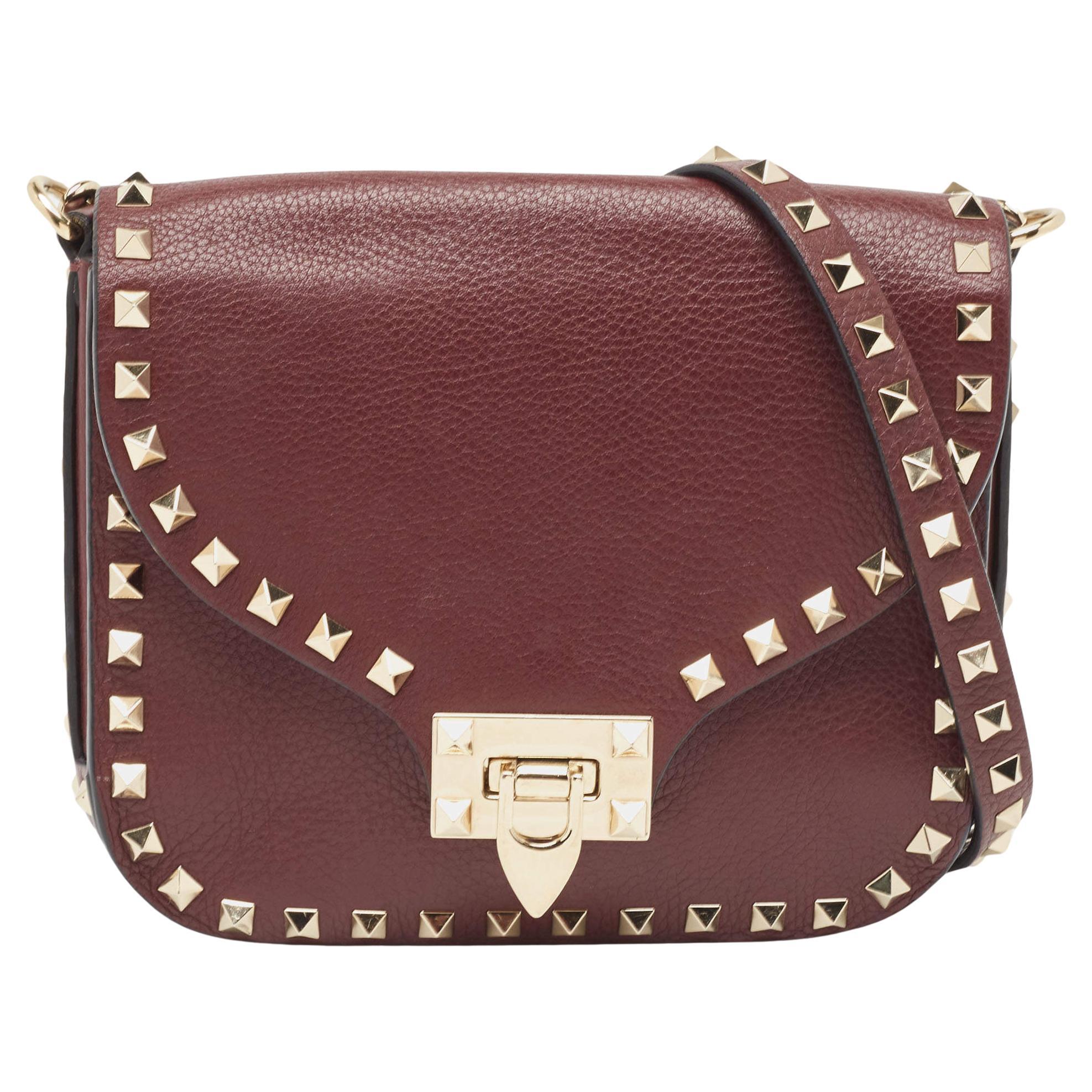 Valentino Burgundy Leather Rockstud Flap Crossbody Bag For Sale