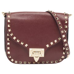 Used Valentino Burgundy Leather Rockstud Flap Crossbody Bag