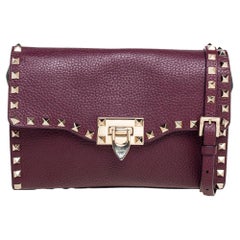Valentino Burgundy Leather Rockstud Flap Shoulder Bag