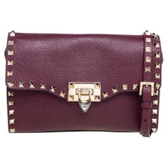 Valentino Burgundy Leather Rockstud Flap Shoulder Bag