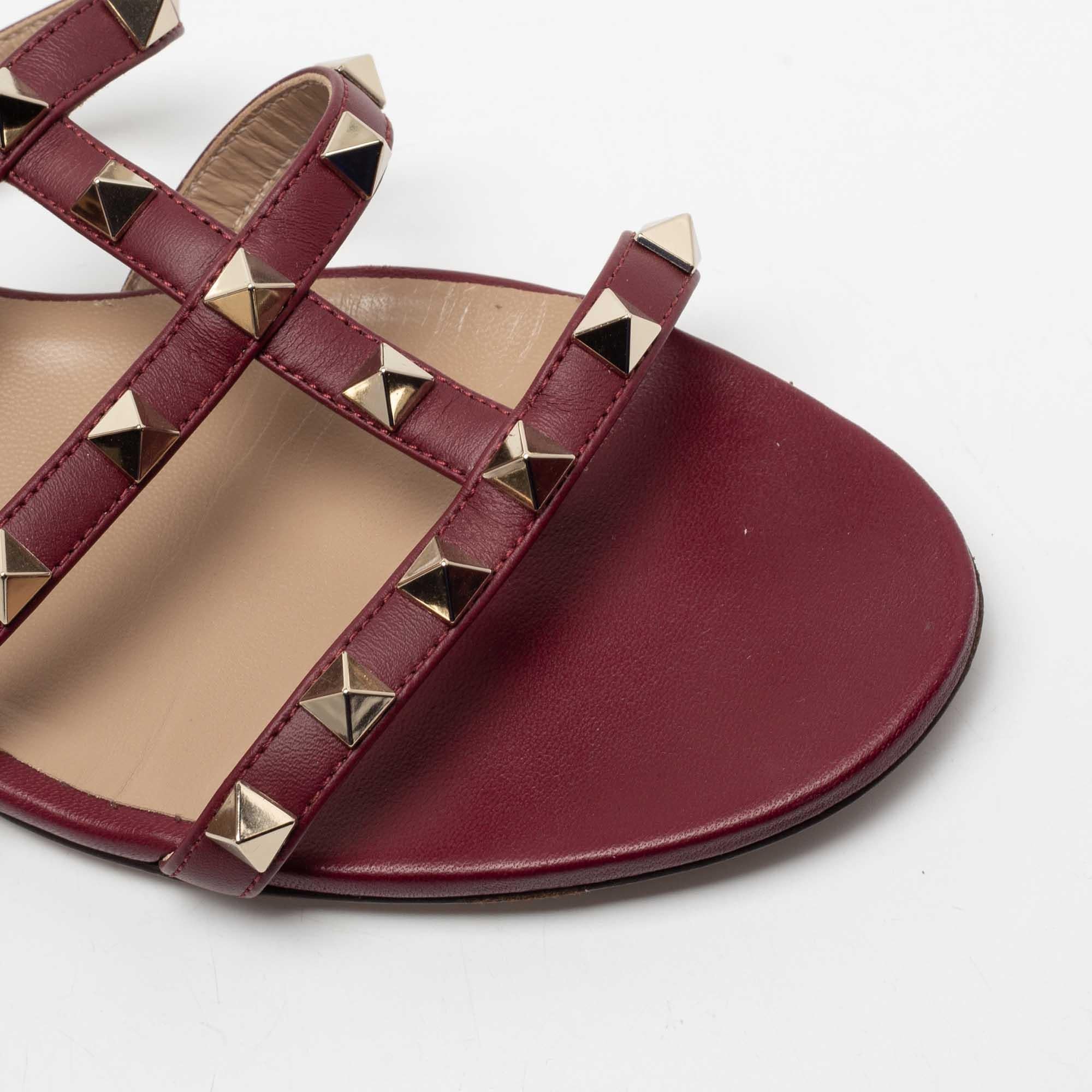 Women's Valentino Burgundy Leather Rockstud Flat Sandals Size 37.5