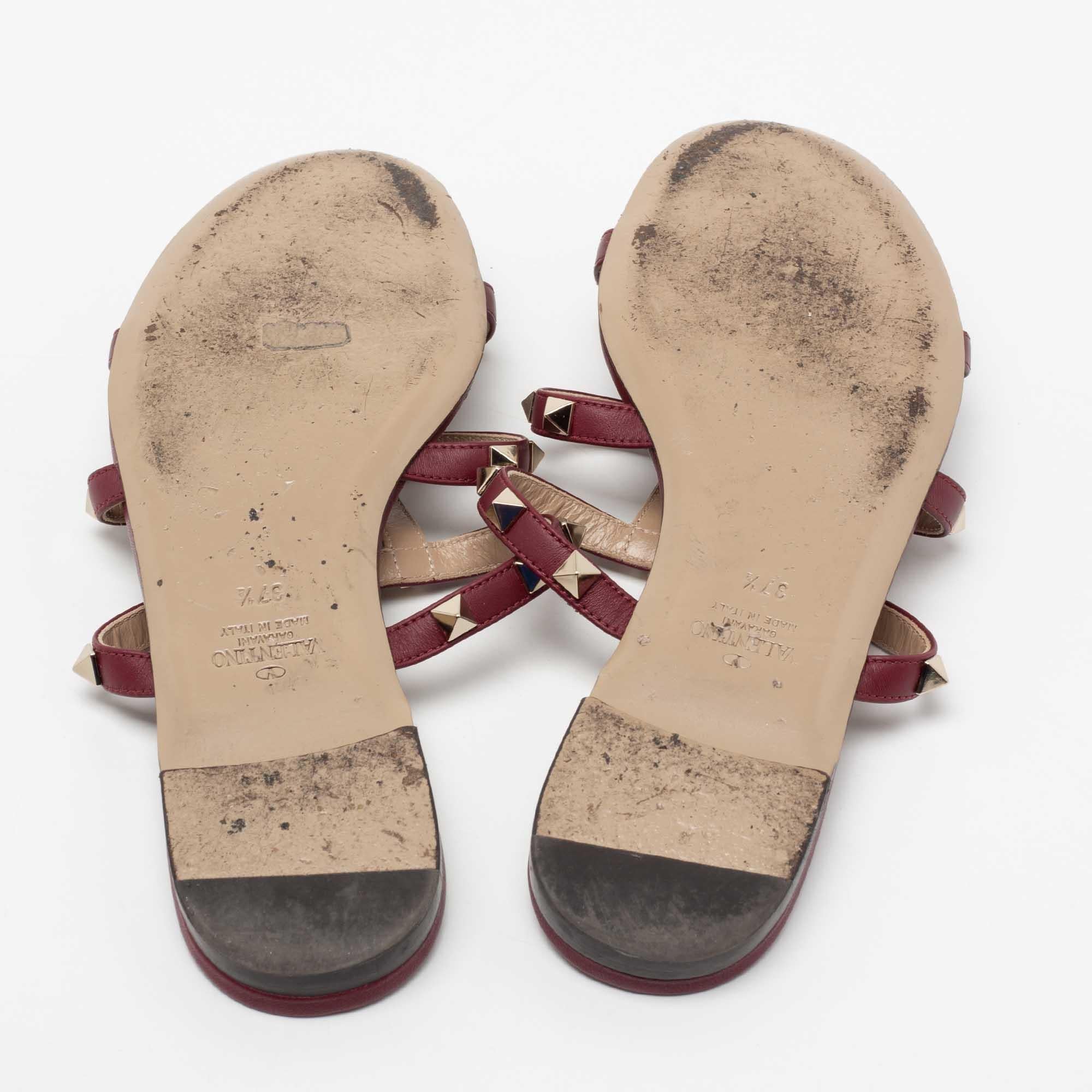 Valentino Burgundy Leather Rockstud Flat Sandals Size 37.5 2