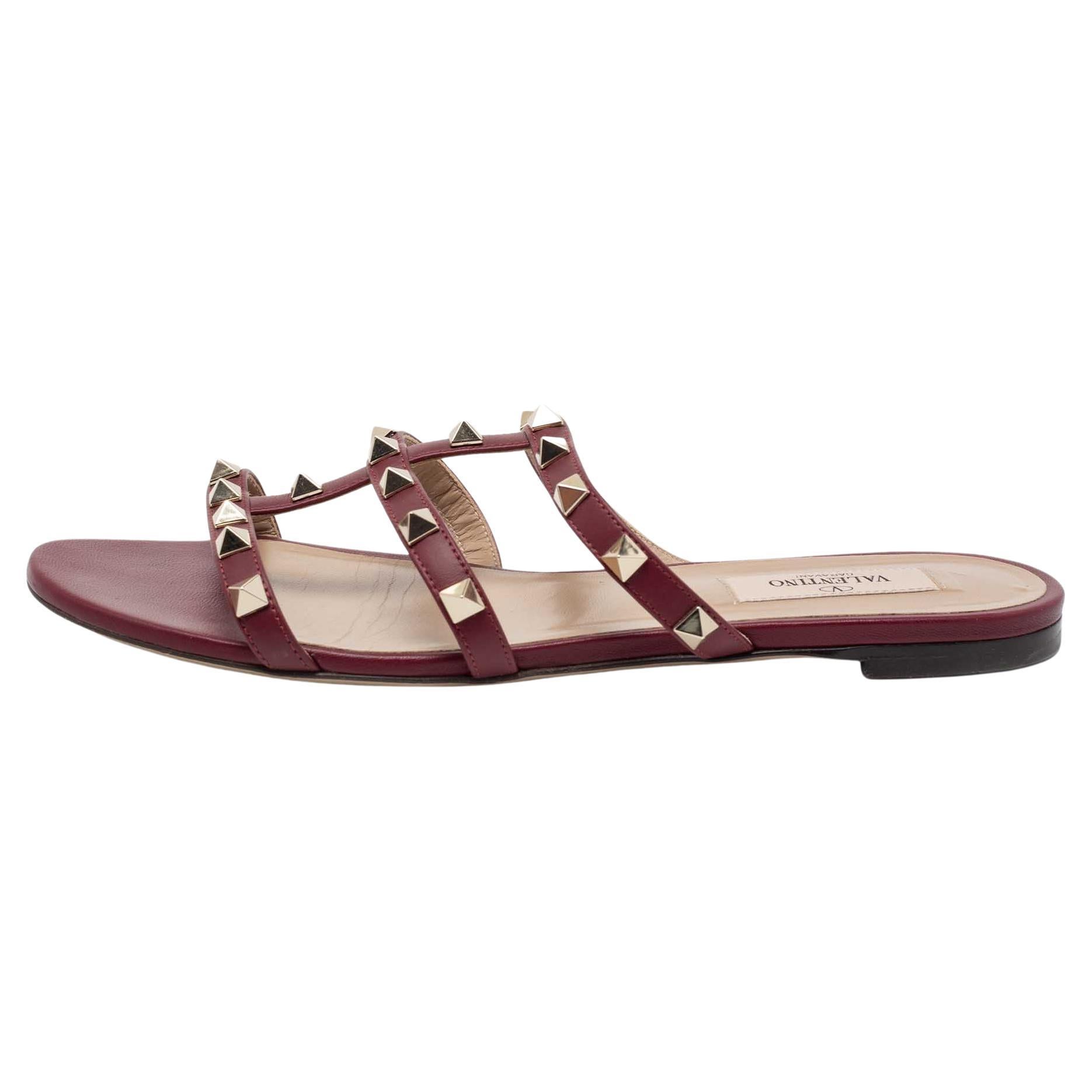 Valentino Burgundy Leather Rockstud Flat Sandals 37.5 at 1stDibs | burgundy flat sandals, burgundy sandals