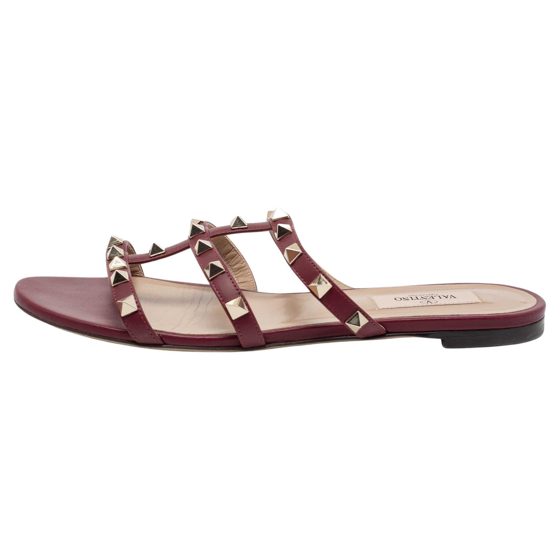 Valentino Burgundy Leather Rockstud Flat Sandals Size 37.5