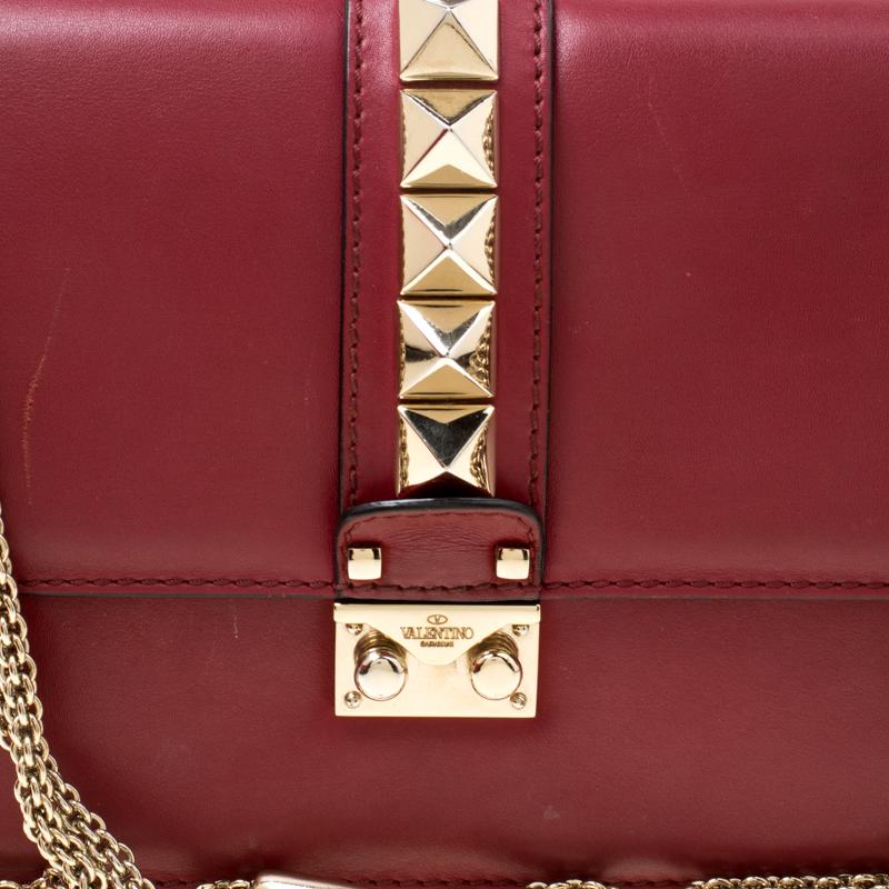 Valentino Burgundy Leather Rockstud Medium Glam Lock Flap Bag 5