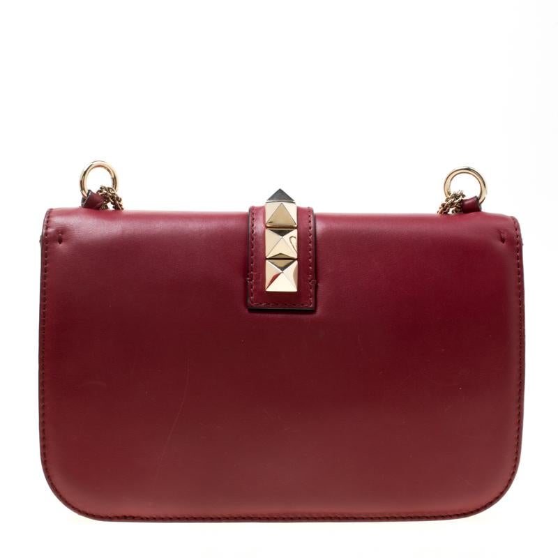 Valentino Burgundy Leather Rockstud Medium Glam Lock Flap Bag 4