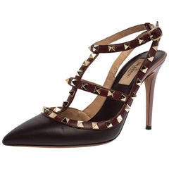 Valentino Burgundy Leather Rockstud Pointed Toe Ankle Strap Sandals Size 38