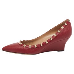 Valentino Burgundy Leather Rockstud Pointed Toe Wedge Pumps Size 37
