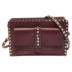 Valentino Burgundy Leather Rockstud Rectangular Shoulder Bag