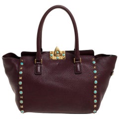 Valentino Burgundy Leather Rockstud Rolling Tote