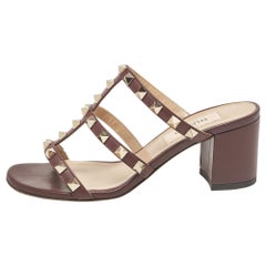 Valentino Burgundy Leather Rockstud Slide Sandals Size 34