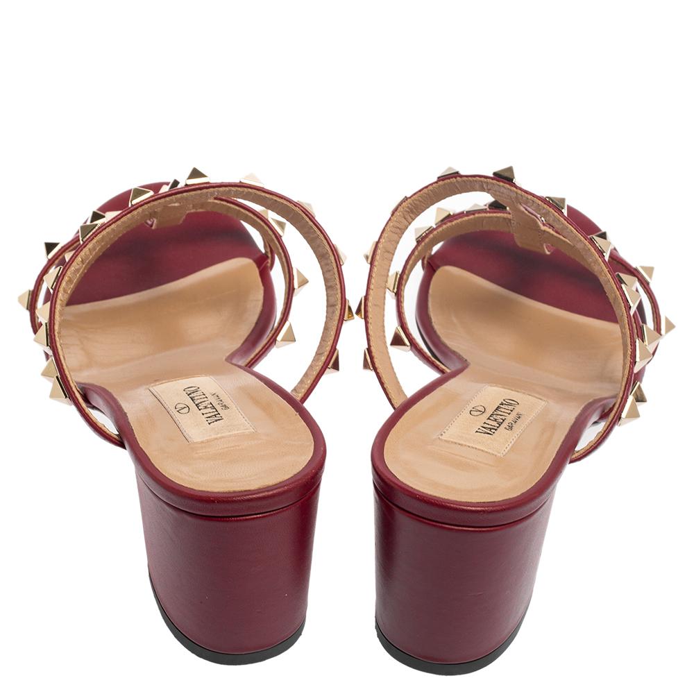 Brown Valentino Burgundy Leather Rockstud Slide Sandals Size 36.5