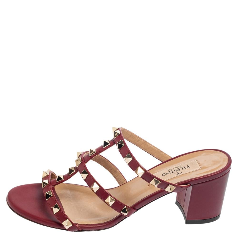 Women's Valentino Burgundy Leather Rockstud Slide Sandals Size 36.5