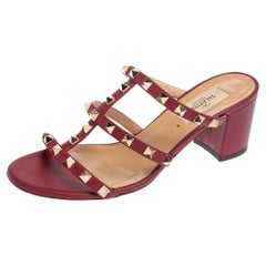 Valentino Burgundy Leather Rockstud Slide Sandals Size 36.5